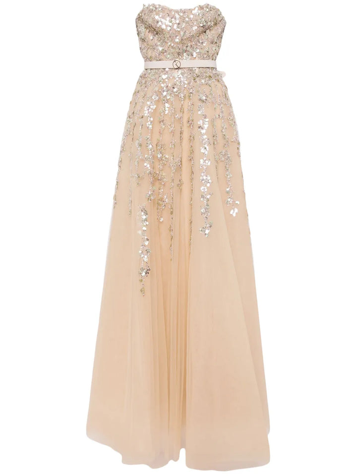 Saiid Kobeisy Sequin Embellished Tulle Gown — Beige — Size XS — Front View