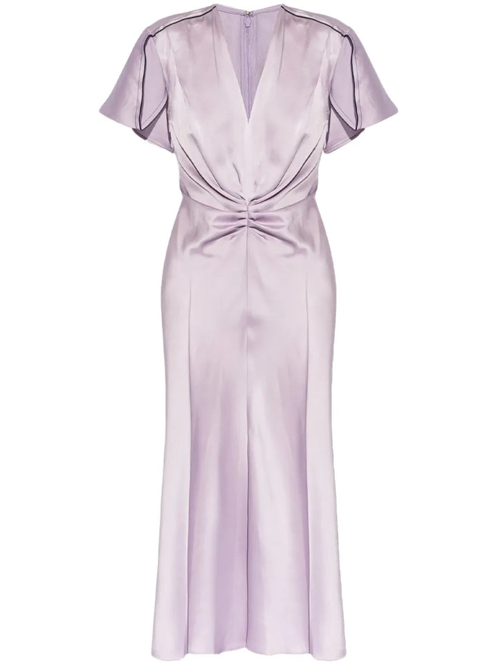 Victoria Beckham Ruched Satin Midi Dress — Purple — Size S — Front View