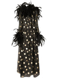 Dolce Gabbana Feather Trim Polka Dot Dress — Black/ Gold — Size S — Front View