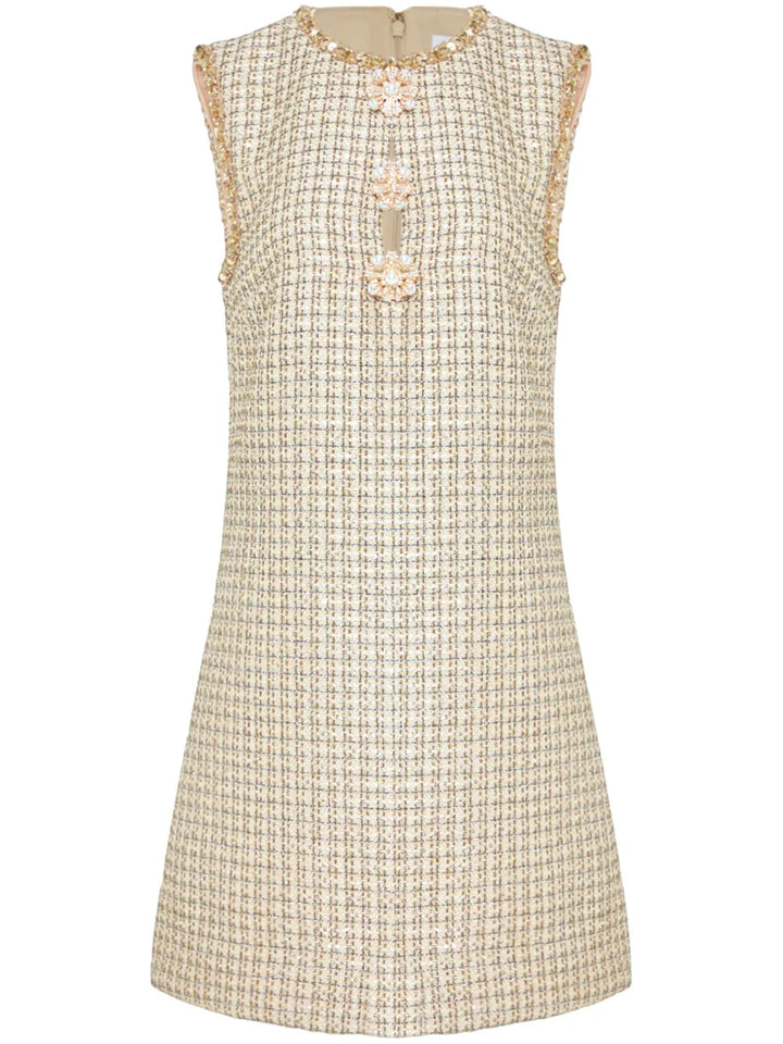 Self Portrait Embellished Boucle Mini Dress — Gold — Size S — Front View