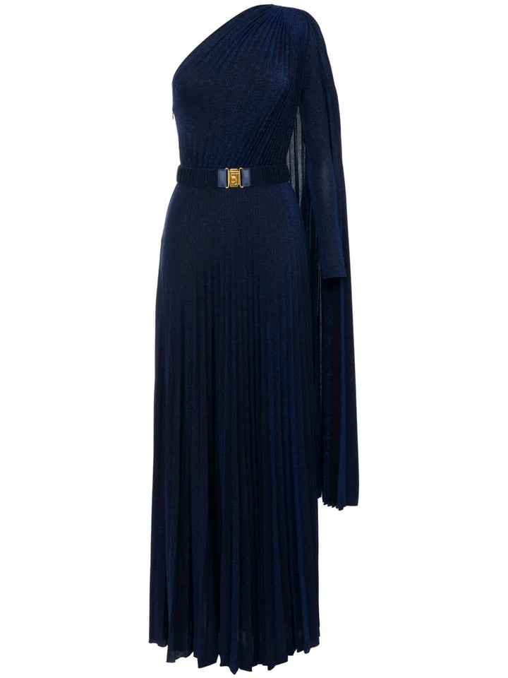 Elisabetta Franchi One Shoulder Pleated Gown — Blue/ Navy/ Red — Size XS — Front View