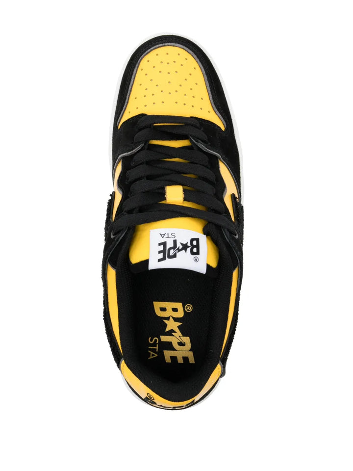 A Bathing Ape?Sk8 Sta Panelled Sneakers — Black/Canary Yellow — Size US M 3.5 - US W 5 — Top View