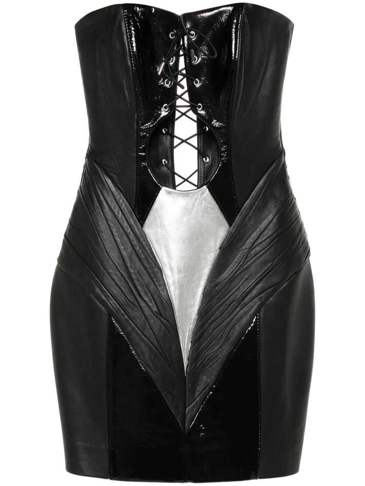Mitiliane Couture Leather Lace Up Mini Dress — Black — Size XS — Front View