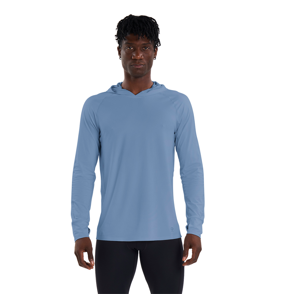 Alwrld ALRN Mixed Media Tech Hoodie — Blue Steel — Size Small — Front View