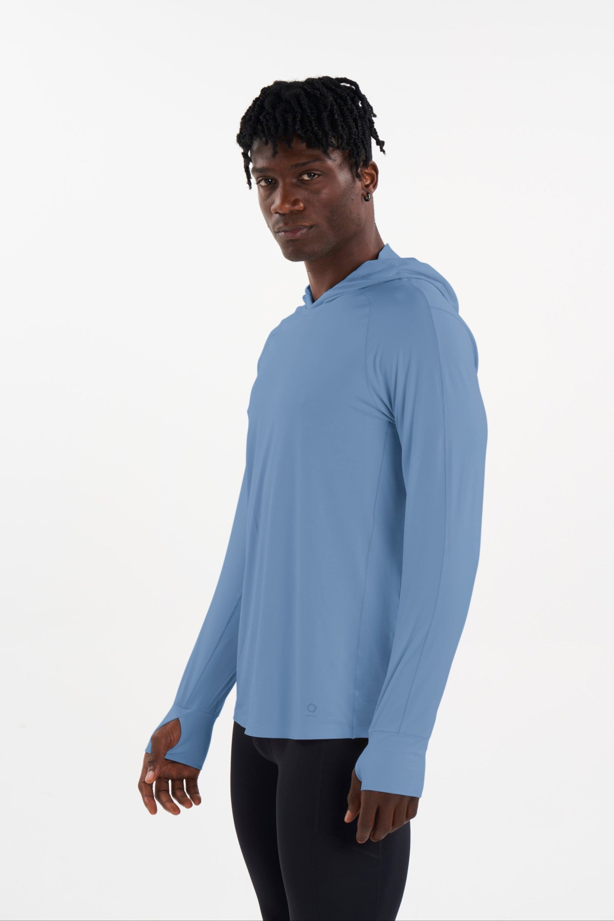 Alwrld ALRN Mixed Media Tech Hoodie — Blue Steel — Size Small — Side View