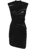 Mugler Ruched Sheer Mini Dress — Black/ Tan — Size XS — Front View