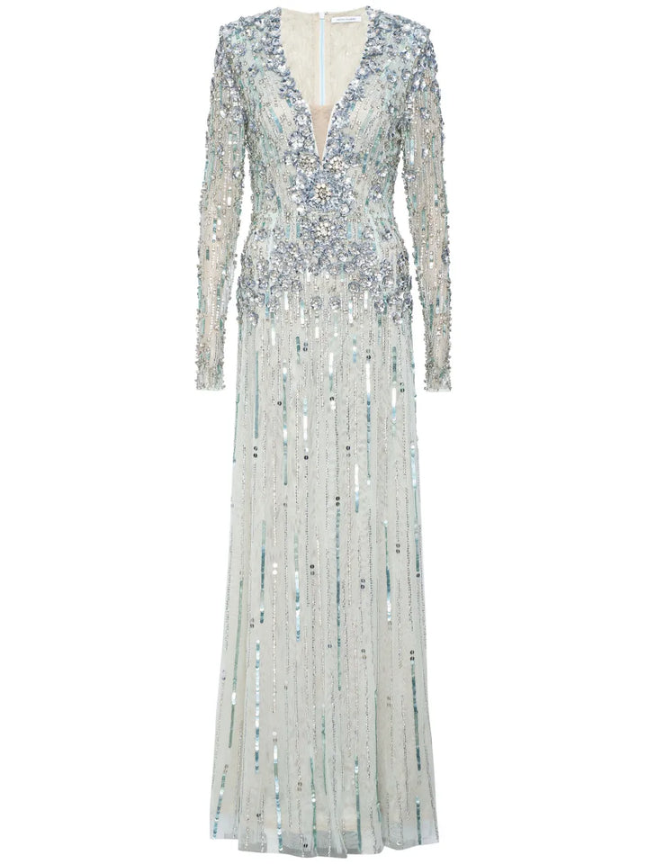 Rachel Gilbert Rosa Crystal Embellished Gown — Silver — Size XS — Front View