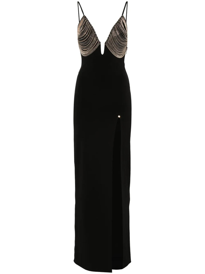 Nissa Fringe Detail Maxi Dress — Black — Size XS — Front View