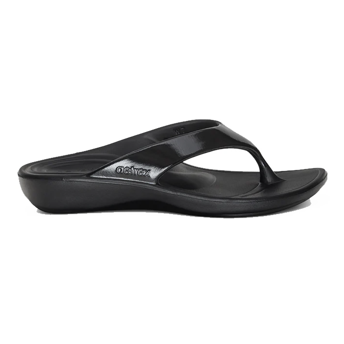 Aetrex Maui Thong — Black Gloss — Size B — Width 5 — Front View