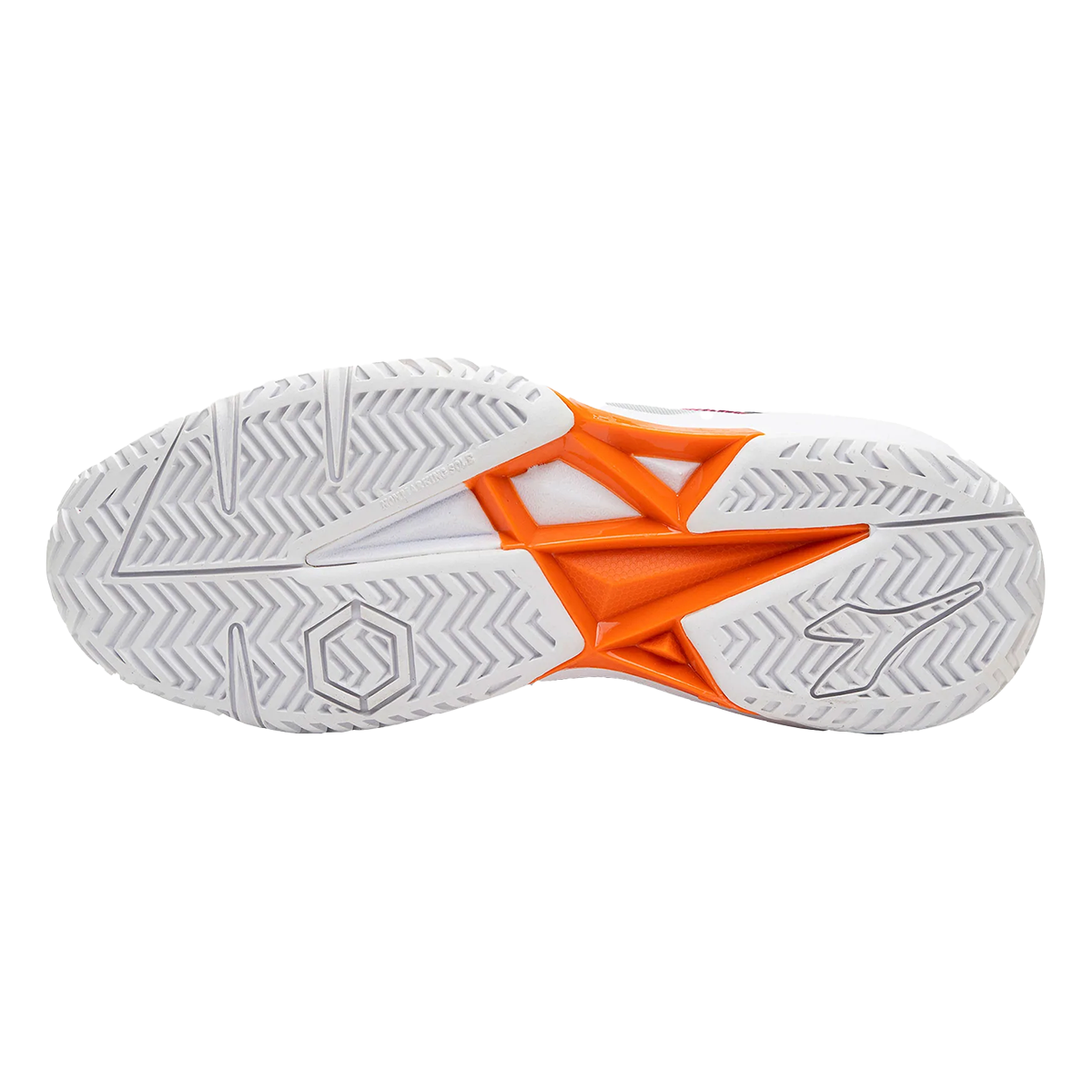 Diadora Trofeo AG Pickleball — White - Black - Vermillion Orange — Size B — Width 5 — Side View