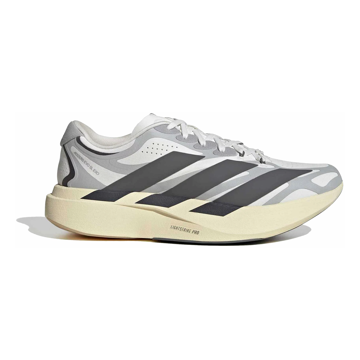Adidas Adizero Evo SL EXO — Core Black - Solar Turbo - Iron Met — Size D — Width 9 — Front View