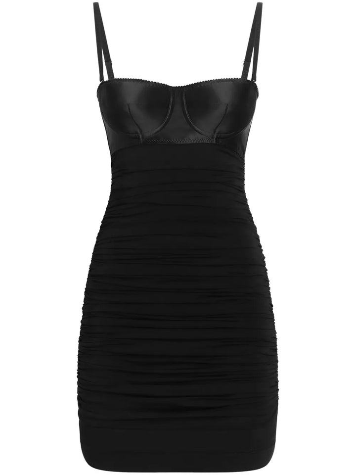 Dolce Gabbana Ruched Mini Dress — Black — Size XS — Front View