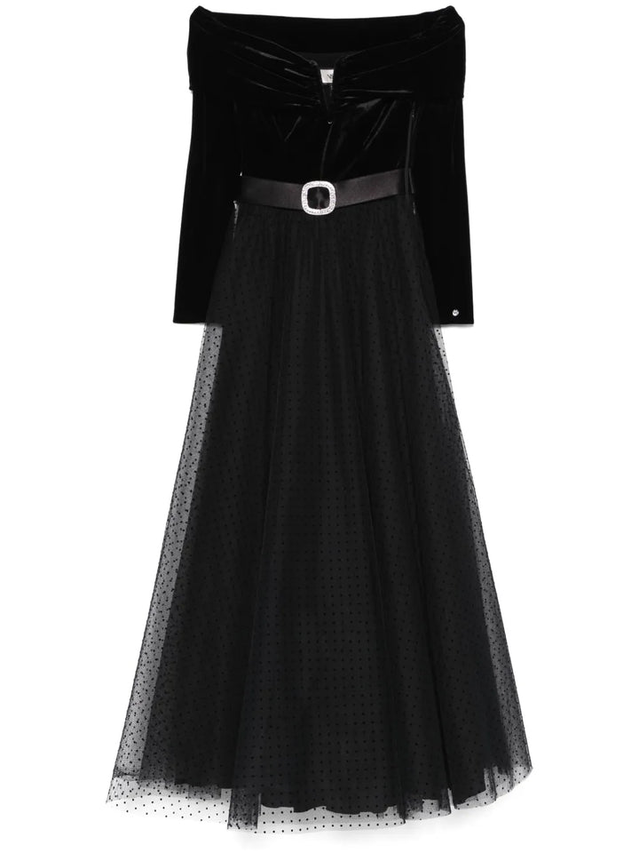 Nissa Belted Maxi Dress — Black/ Red — Size XS — Front View