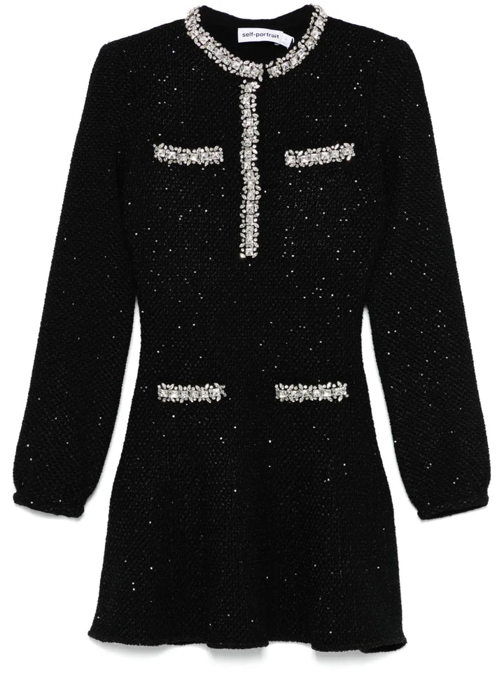 Self Portrait Sequin Knit Mini Dress — Black — Size XS — Front View