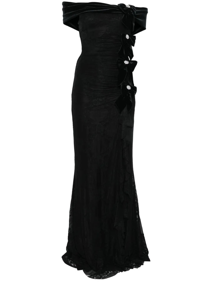 Nissa Bow Detail Lace Maxi Dress — Black — Size XS — Front View
