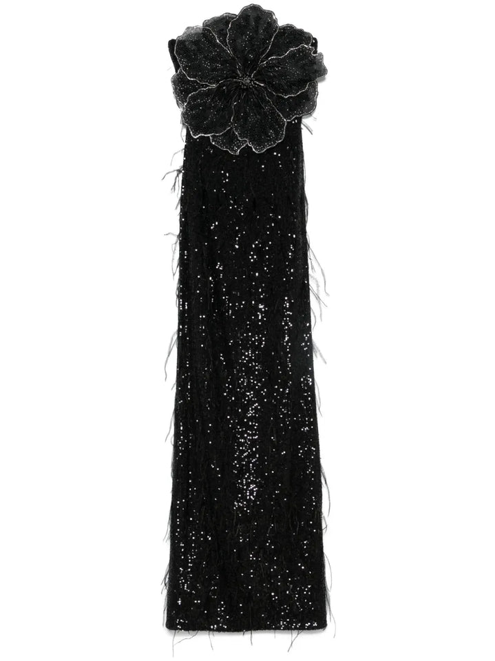Nissa Floral Applique Sequined Maxi Dress — Black — Size S — Front View