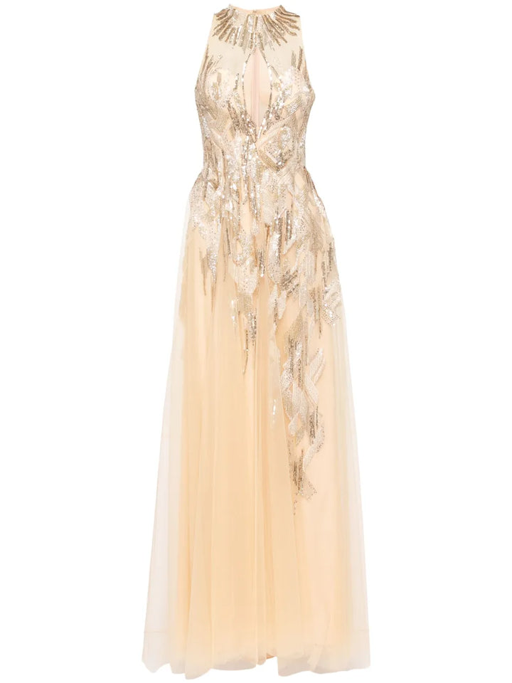 Saiid Kobeisy Long Embroidered Dress — Beige/ Red/ Gold — Size XS — Front View