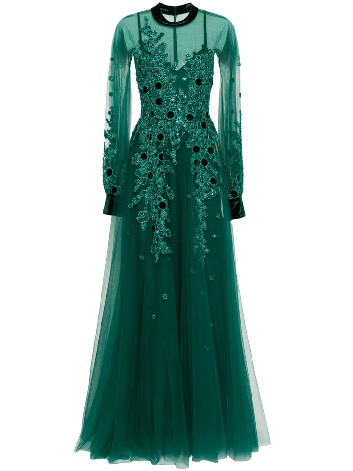Saiid Kobeisy Embroidered Tulle Dress — Red/ Green — Size M — Front View