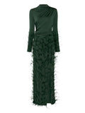 Lapointe Feathers Embellished Jersey Maxi Dress — Green — Size XS — Front View