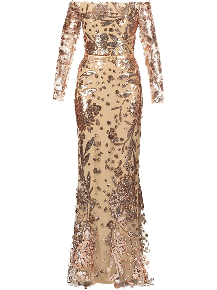 Elie Saab Embroidered Tulle Maxi Dress — Beige/ Red — Size S — Front View