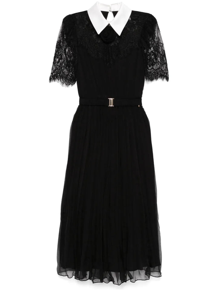 Nissa Lace Detailed Silk Midi Dress — Black — Size L — Front View