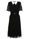 Nissa Lace Detailed Silk Midi Dress — Black — Size L — Front View