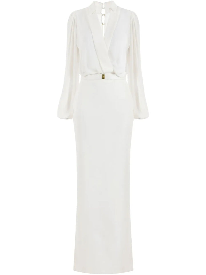 Elisabetta Franchi Belted Crepe Maxi Dress — White — Size XS — Front View