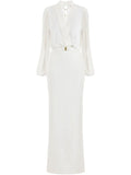 Elisabetta Franchi Belted Crepe Maxi Dress — White — Size XS — Front View