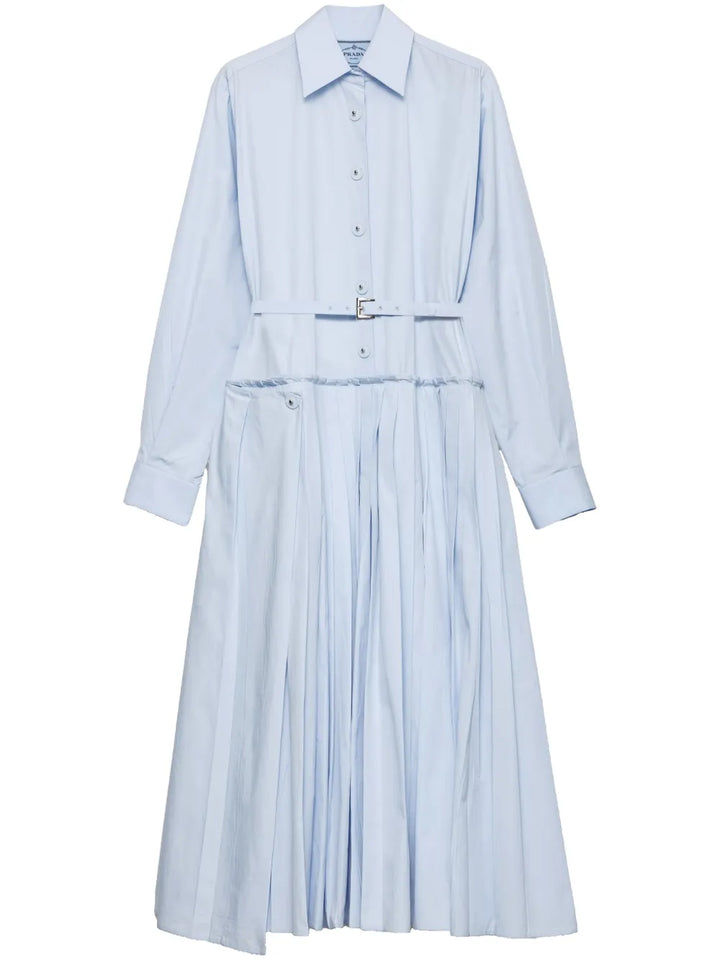 Prada Pleated Poplin Dress — Blue — Size XS — Front View