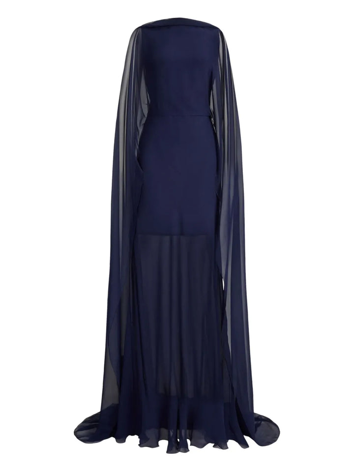 Ralph Lauren Collection Sheer Cape Evening Gown — Blue/ Navy/ Red — Size XS — Front View