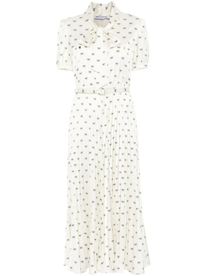 Self Portrait Satin Bow Print Midi Dress — Beige — Size XS — Front View