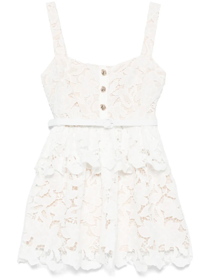 Self Portrait Lace Tiered Mini Dress — White/ Red — Size M — Front View