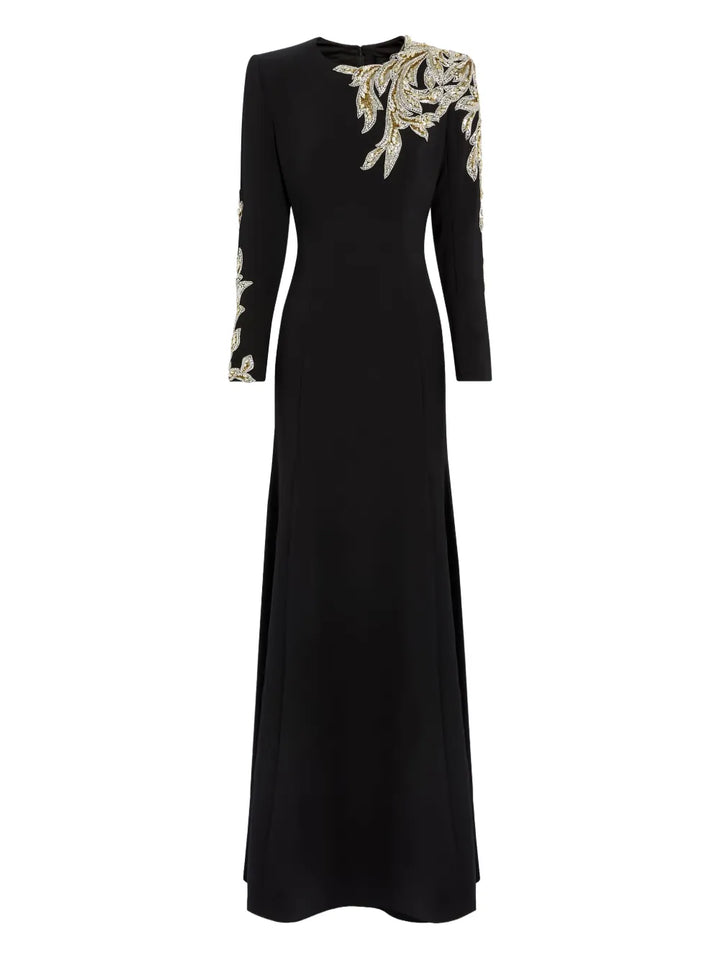 Jenny Packham Honor Beaded Leaf Embellished Gown — Black — Size S — Front View