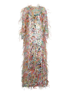 Valentino Garavani Sequin Feather Midi Dress — Red/ Silver — Size S — Front View
