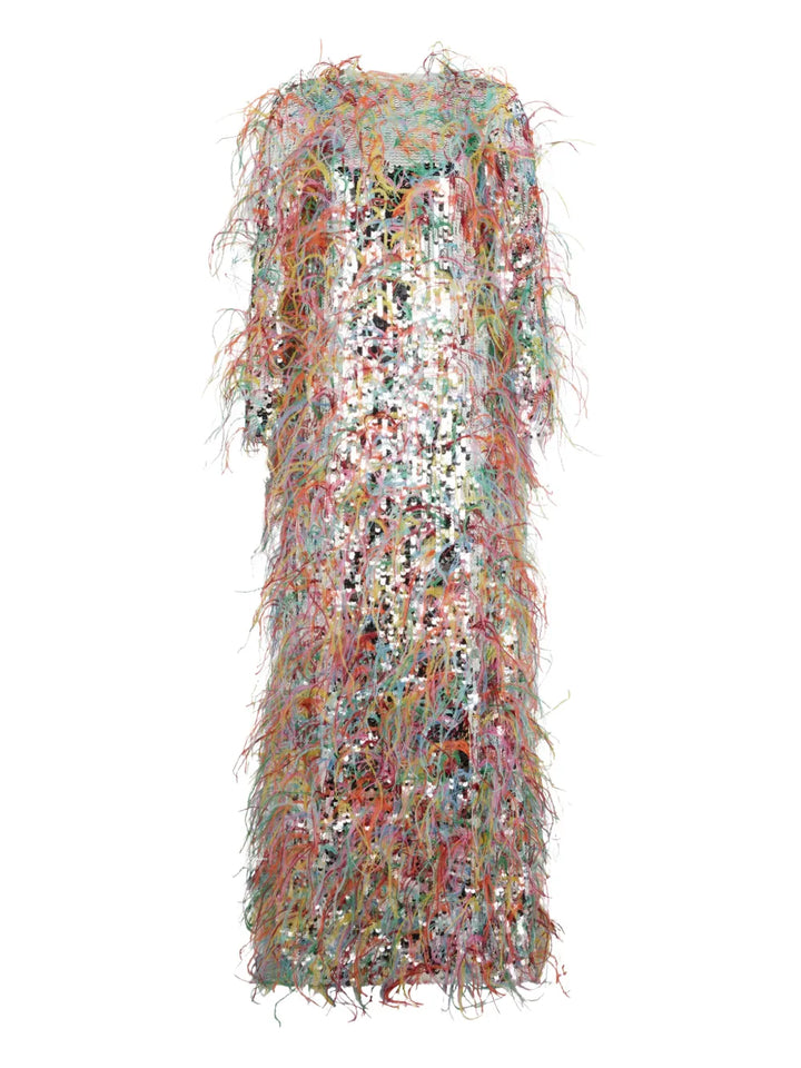 Valentino Garavani Sequin Feather Midi Dress — Red/ Silver — Size S — Front View