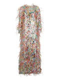 Valentino Garavani Sequin Feather Midi Dress — Red/ Silver — Size S — Front View