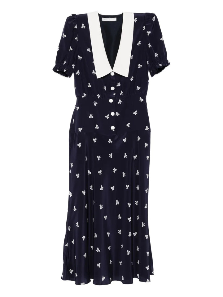 Alessandra Rich Bow Print Midi Dress — Blue/ Navy — Size S — Front View