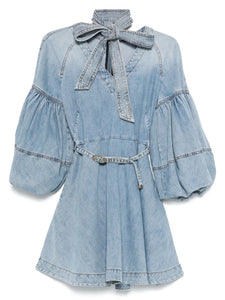 Zimmermann Tie Neck Denim Mini Dress — Blue — Size XS — Front View