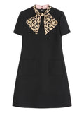 Valentino Garavani Leopard Bow Mini Dress — Black — Size XS — Front View
