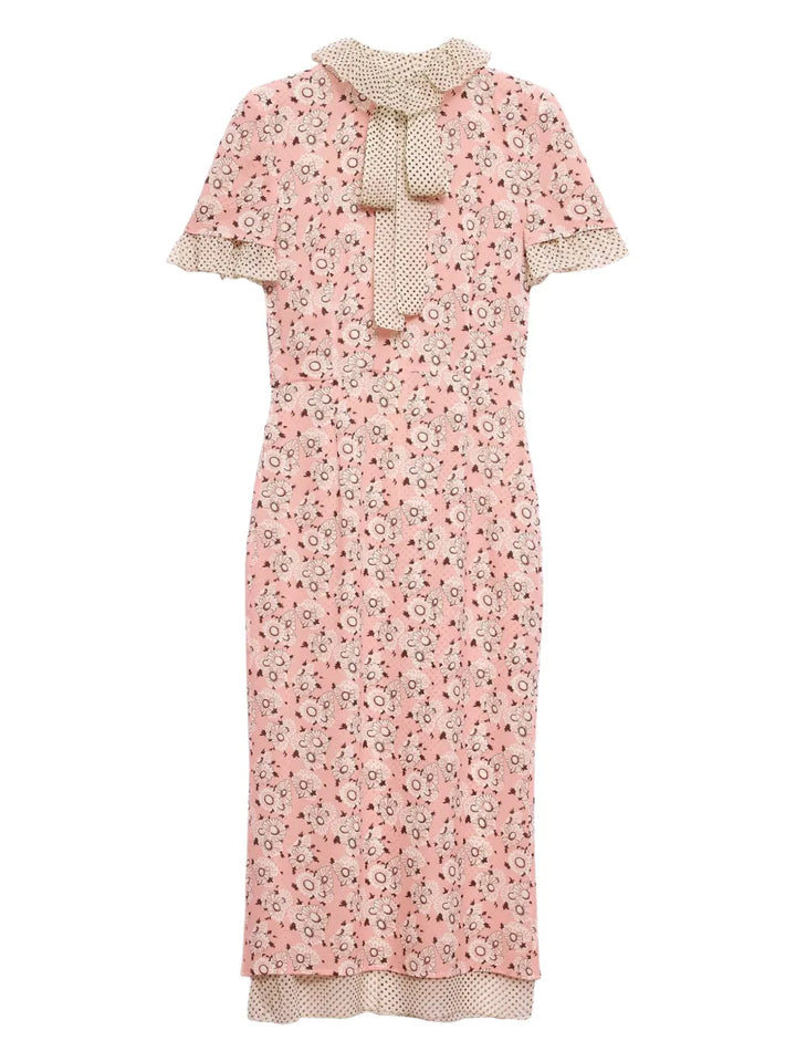 Prada Printed Georgette Midi Dress — Red/ Pink — Size XS — Front View