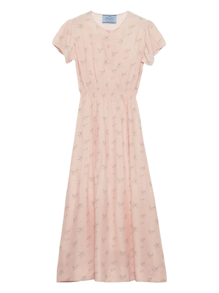Prada Floral Ponge Midi Dress — Pink — Size XS — Front View