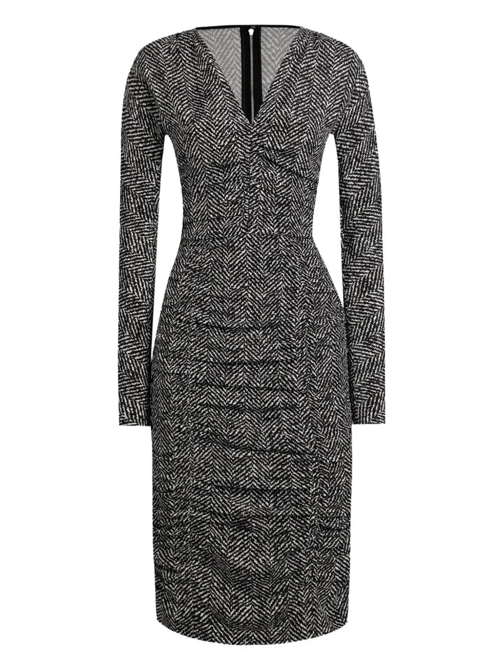 Dolce Gabbana Chevron Gathered Midi Dress — Black/ Red — Size XS — Front View
