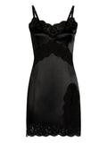 Dolce Gabbana Lace Trimmed Satin Slip Mini Dress — Black — Size XS — Front View