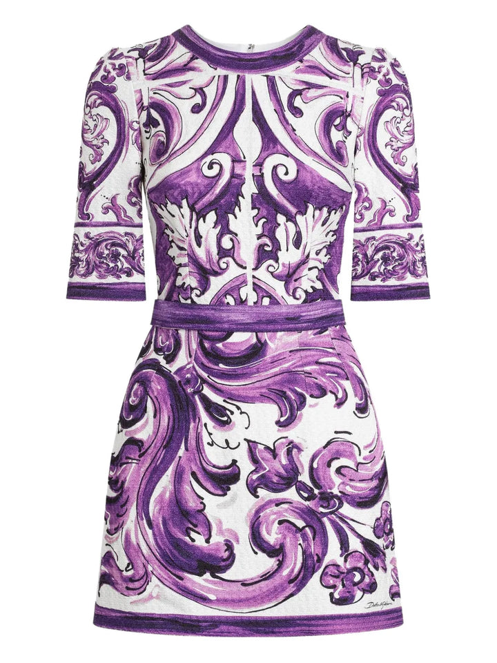 Dolce Gabbana Graphic Print Mini Dress — Purple — Size XS — Front View
