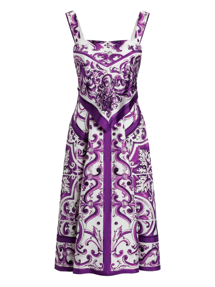 Dolce Gabbana Majolica Print Midi Dress — White — Size XS — Front View