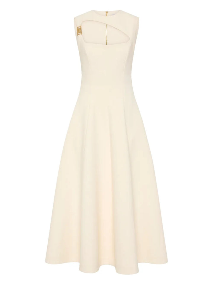 Rebecca Vallance Freyja Midi Dress — Red/ Ivory/ Gold — Size XS — Front View