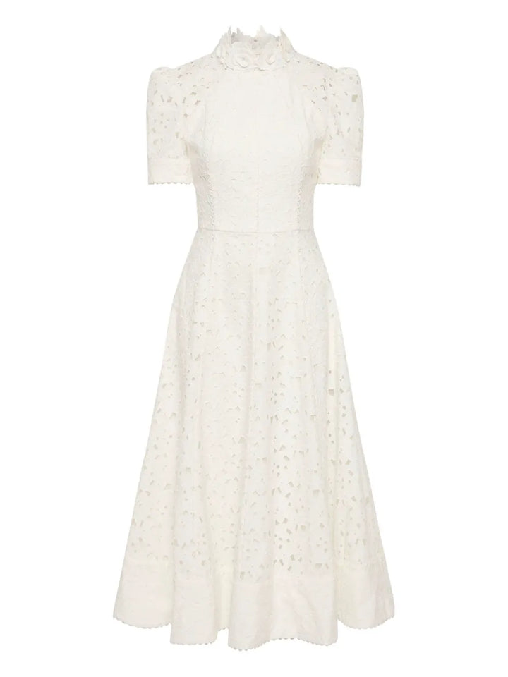 Rebecca Vallance Embroidered Midi Dress — White/ Red — Size XS — Front View