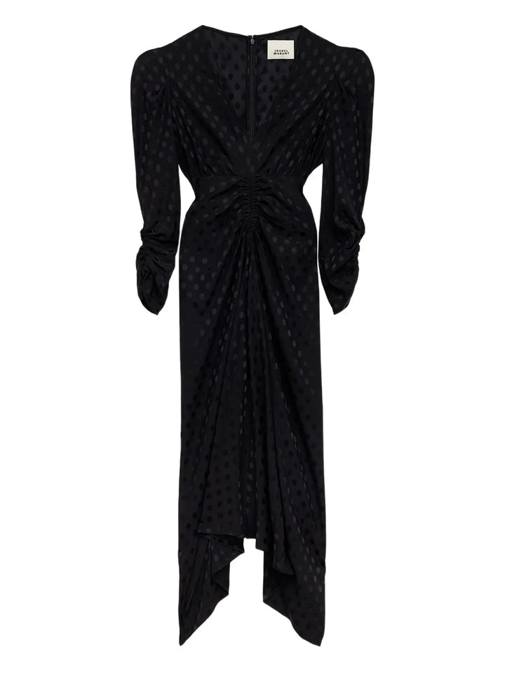 Isabel Marant Polka Dot Pattern Puff Sleeve Midi Dress — Black — Size XS — Front View