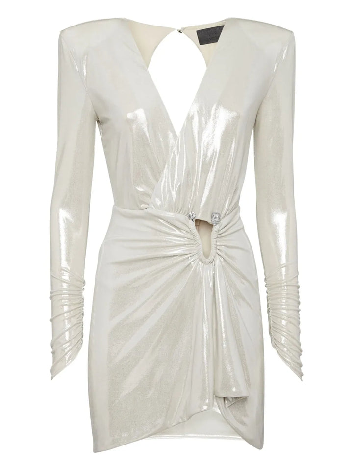Philipp Plein Skull Detail Draped Mini Dress — Silver — Size XS — Front View