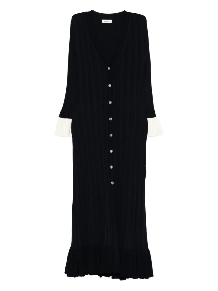 Sandro Ruffled Button Placket Midi Dress — Blue/ Navy — Size XS — Front View